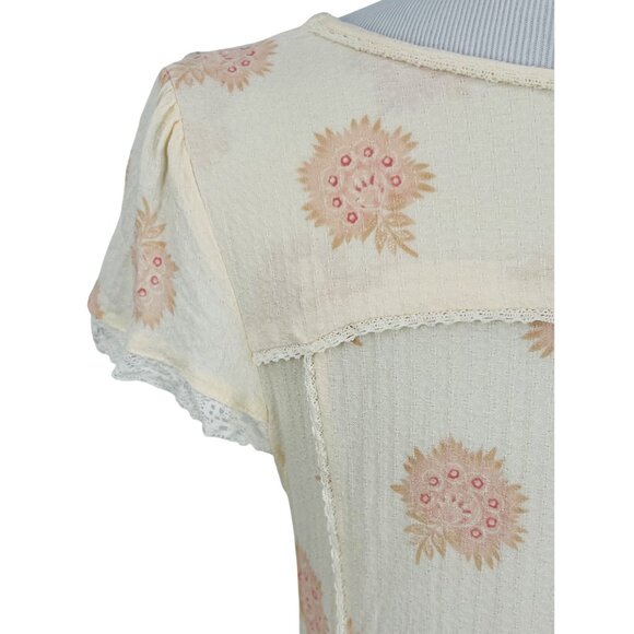 Free People Floral Dandelion & Delicate Lace Trim Asymmetrical Flowy Boho Top - Picture 9 of 13